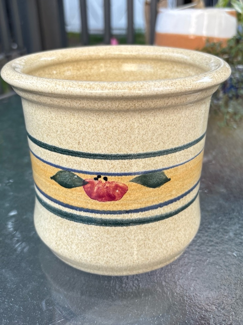 Stoneware Utensil Crock - Cream with Yellow & Green Fruit Accent